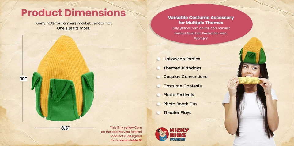 Adult Corn Cob Hat Funny Food Truck Halloween Harvest Farmer Costume Accessory - Image 3 of 4