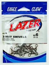 Eagle Claw Lazer 3-way Swivels Size 6 Black 25 lb Test 10pk
