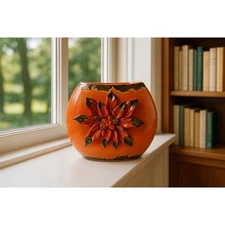 Vintage Mid Century Modern Orange Ceramic Vase 3D Flower Relief Retro Decor