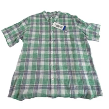 Weatherproof Vintage Washable Linen Button Shirt Mens Large Green Plaid Pocket