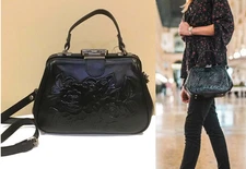 NWT Patricia Nash Gracchi BLACK ROSE TOOLED Frame Leather Crossbody Bag  w/strap