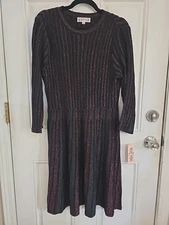 Nanette Lepore Metallic Fit Flare Dress Womens XL Black Striped 3/4 Sleeve NWT
