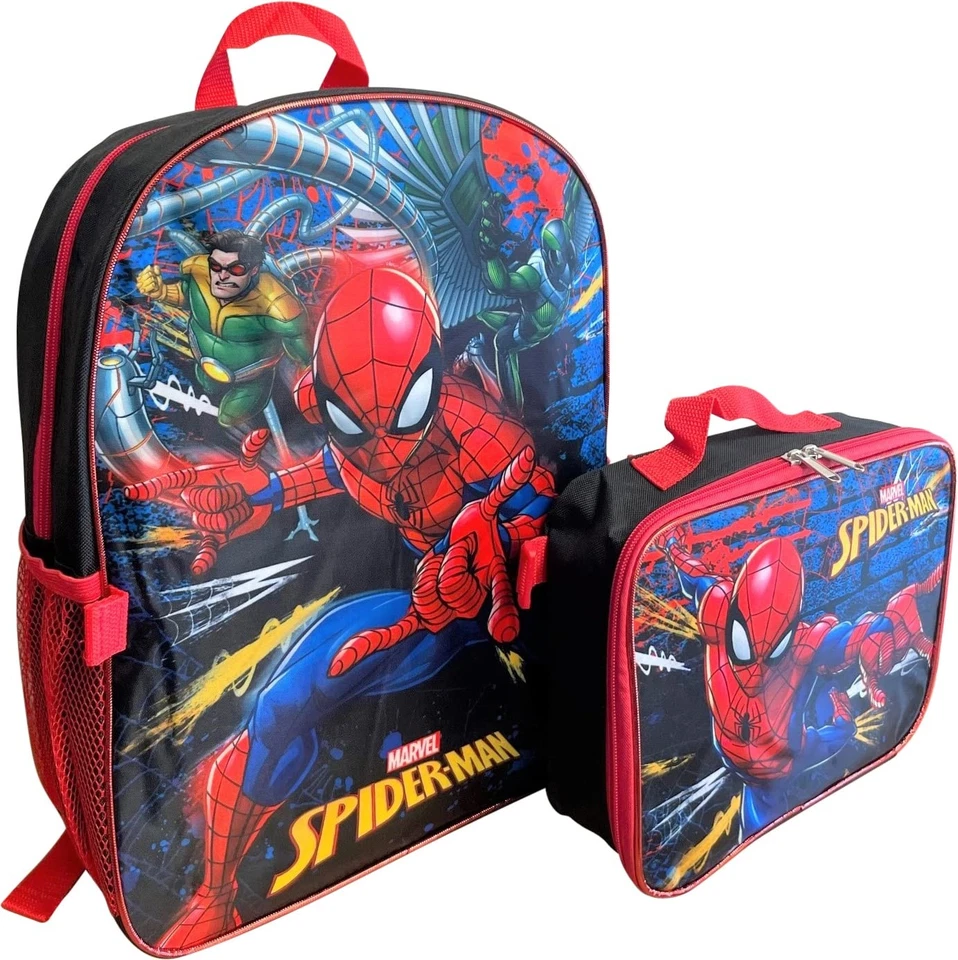 Mochila Spiderman Boys 16 pulgadas con juego de lonchera extraíble a juego (negro-... Foto 4 de 4