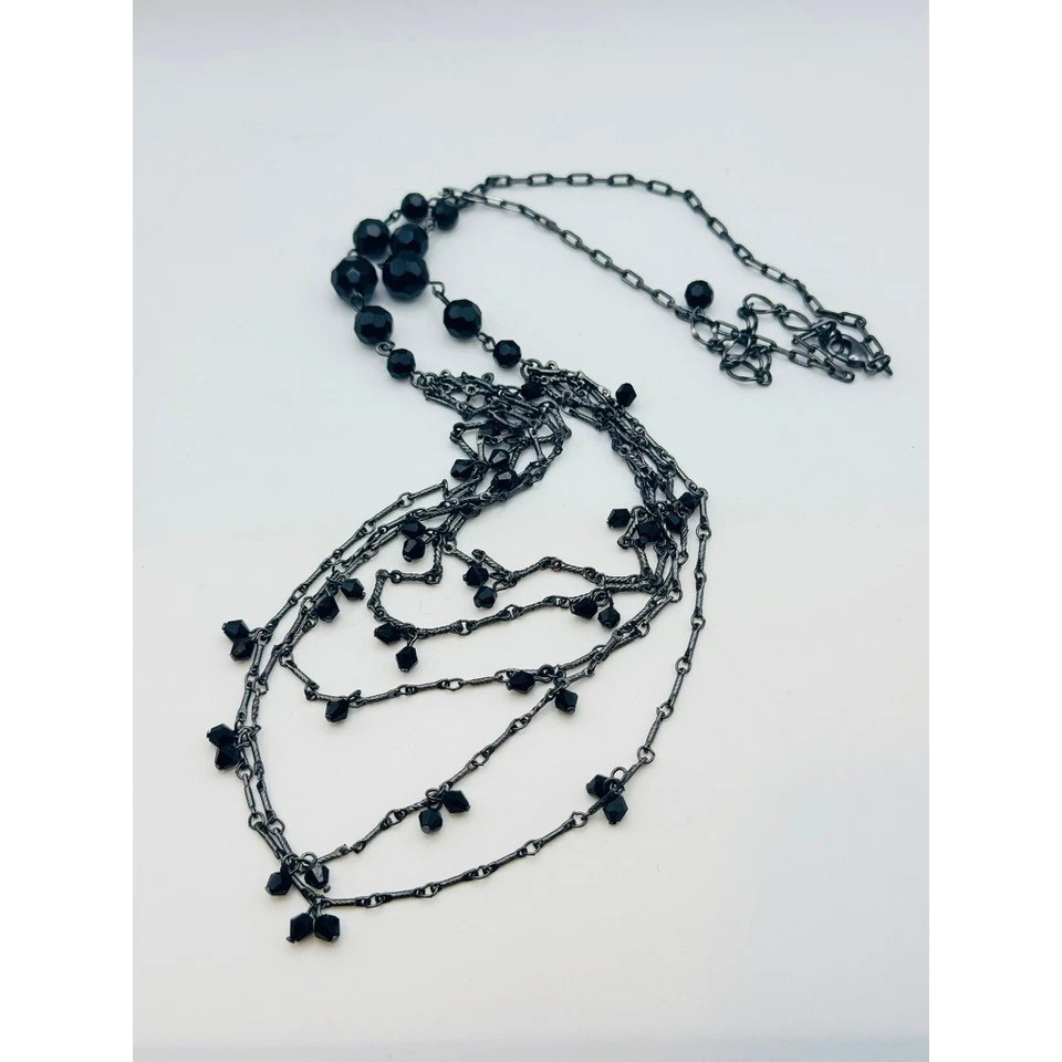 Collar gótico negro con cuentas de vidrio en capas de colección declaración cadena múltiple Y2K raro 25" Foto 2 de 4