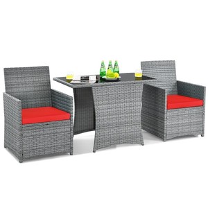 Costway 3PCS Patio Rattan Furniture Set Cushioned Sofa Armrest Garden Red