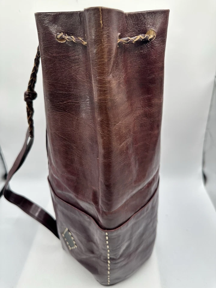 Unbranded Burgundy Whipstitch Leather Drawstring Bucket Sling Backpack Bag - Image 4 of 4