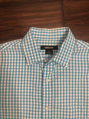Claiborne Herren Gr. S hellblau und weiß Gingham Kragen Knopfleiste - Bild 2 von 7