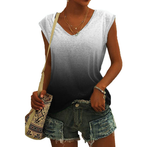Womens Summer Gradient Tops V Neck Loose Casual Short Sleeve Tunic Shirts Blouse - Picture 25 of 51