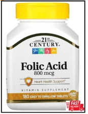 21st Century 800 mcg Folic Acid Tablets, Assorted, 180 Count