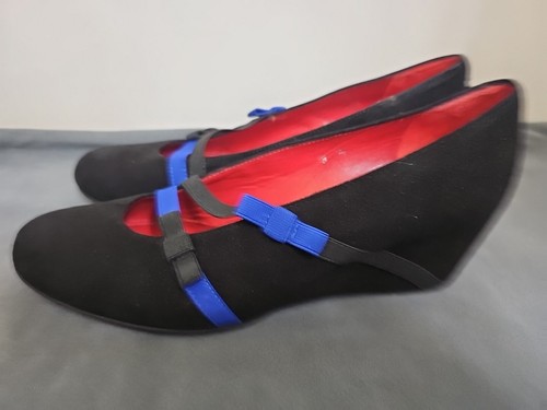 Sesto Meucci Women's Wedge Midnight Black With Blue Suede Shoes 9M