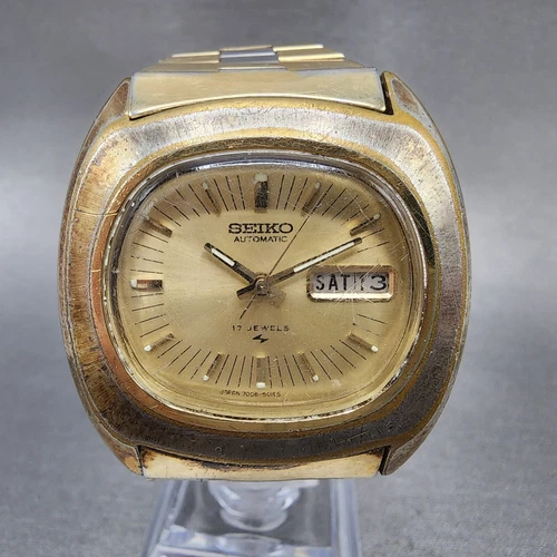 Seiko Automatic Watch Men 39mm Gold Dial Gold Tone Daydate Oval 7006-5009 Runs