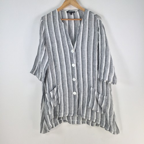 Swish womens tunic blouse shirt 14 white grey striped 3/4 sleeve linen 095664 - Bild 1 von 9