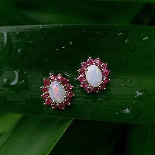 3Ct Lab-Created Opal & Red Ruby Women's Flower Stud Earrings 14K Yellow Gold Fn - Picture 2 of 3