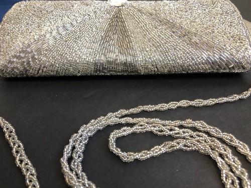 Bijoux Terner Silver White Beaded Clutch Purse Beaded Long Strap Style #091209 - Picture 8 of 12