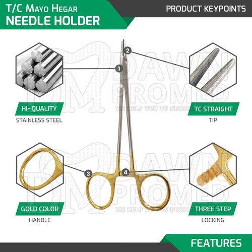 T/C Mayo Hegar Needle Holder with Tungsten Carbide German Grade Surgical Dental - Picture 33 of 104