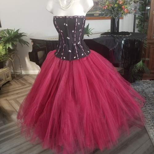 Fredericks of Hollywood schwarz Satin Spitze Rosetten Korsett wadenlang Tüllrock - Bild 4 von 16