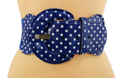 Women Fashion Wide Blue Elastic Belt White Polka Dots Circle Big Buckle M L XL - Picture 11 of 13