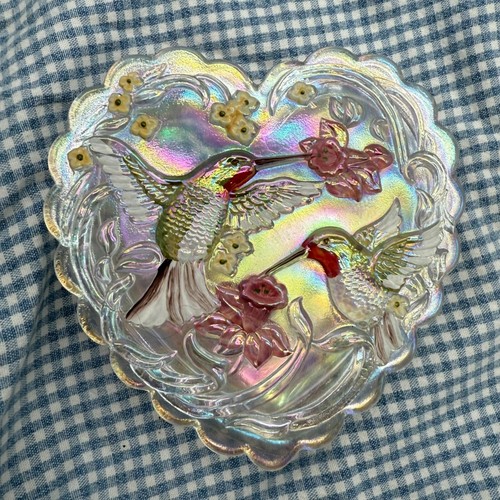 Fenton Glass Heart Trinket Box - Hand Painted Hummingbirds- Crystal Carnival - Picture 1 of 7