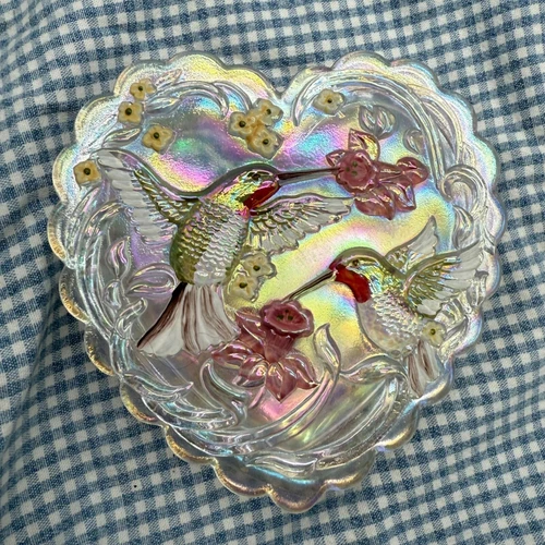 Fenton Glass Heart Trinket Box - Hand Painted Hummingbirds- Crystal Carnival