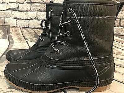 black and gray duck boots