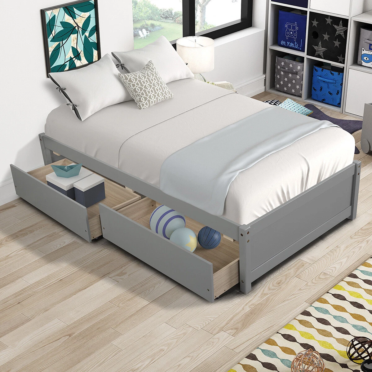 Twin Bed Frames W Storage Drawers Wood Platform Children Teenagers