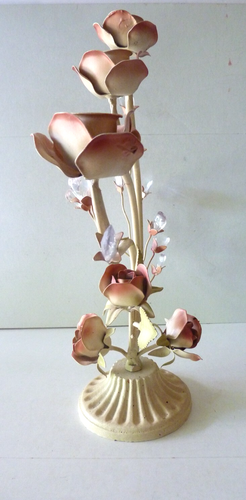 Vintage Shabby Chic Toleware Metal Candalabra ROSES, PRISIMS Candle Holder - Picture 5 of 20
