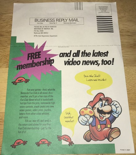 1987 NINTENDO FUN CLUB Mitgliedschaft Angebot BLATT UNBENUTZT NES Super Mario Bros. RAR!
