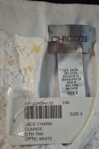 Chico's Women's 3 Optic White Sleeveless pullover tank knit beaded Blouse NWT - Picture 7 of 12