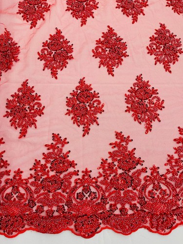 Heavy Beaded Floral Fabric - Red - Luxury Floral Cluster Bead Fabric Yard - Picture 4 of 5