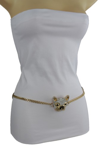 Women Gold Metal Chains Bulldog Charm High Waist Hip Fashion Belt Bling M L XL - Picture 8 of 12