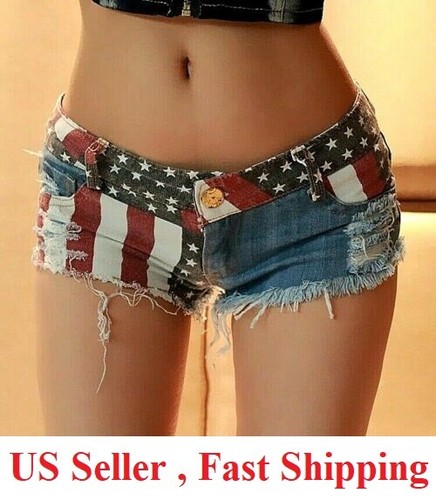 SEXY Women Low Waist American US Flag Mini Shorts Pants Denim Jean Distressed - Picture 1 of 9