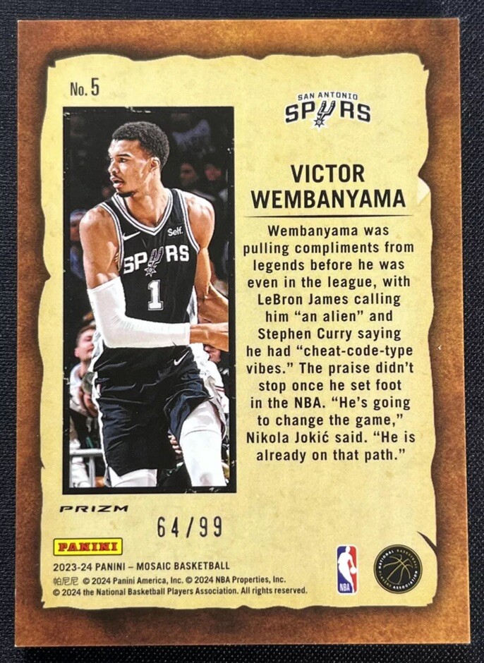 2023-24 Panini Mosaic Victor Wembanyama #5 Purple Prizm
