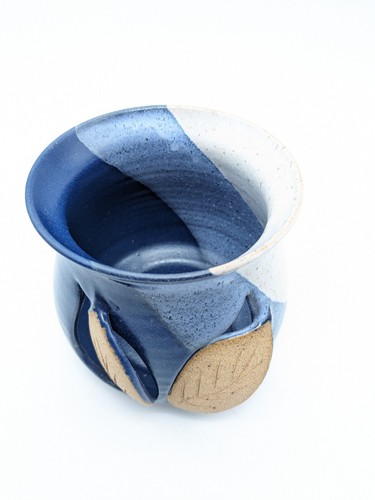 Art Pottery Luminary Candle Holder Tri-Colored Blue Glazes w/Cut Out Leaves - Picture 2 of 10