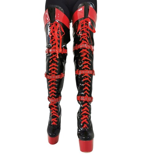 Damen Overknee Stiefel High Heels Plateau Multi Schnalle Lang Stiefel Schuhe Club - Bild 4 von 7