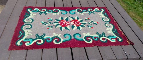 Antique Hooked Rug Turquoise Maroon Floral Art Nouveau 48 x 30 1940s - Picture 10 of 18