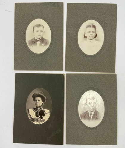 Lote de 4 fotografías antiguas de tarjetas de gabinete fotos de hombre niños mujer