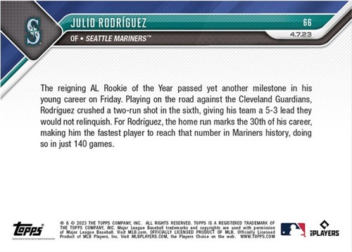 Julio Rodriguez Team History 2 Run Go Ahead 2023 MLB TOPPS ORA carta 66 - Foto 2 di 2