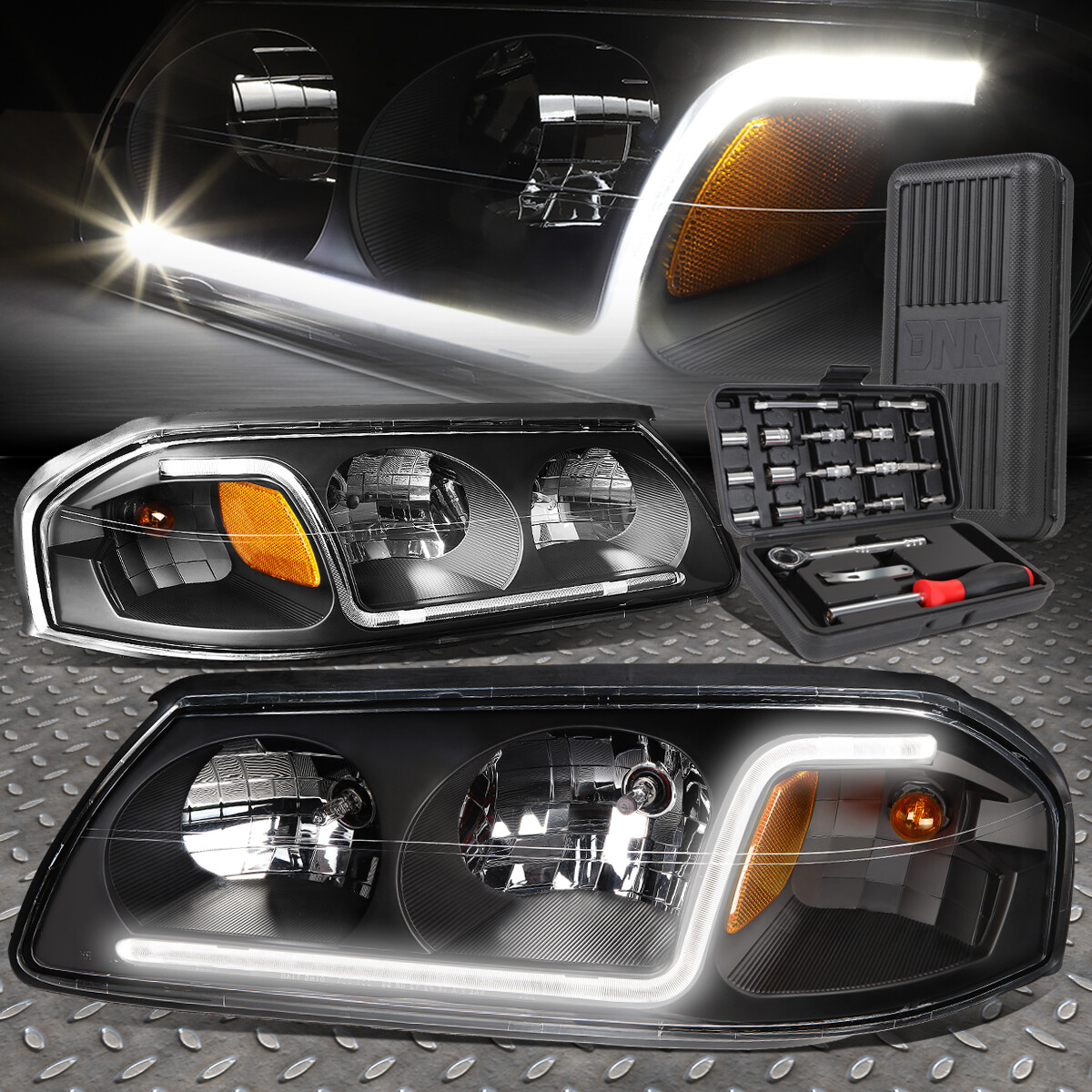 ДЛЯ 00-05 CHEVY IMPALA LED DRL ЧЕРНЫЙ КОРПУС, ЯНТАРНЫЕ УГЛОВЫЕ ФАРЫ + НАБОР ИНСТРУМЕНТОВ