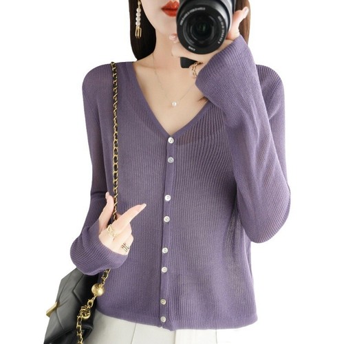 Womens Summer V-neck Silk Knitted Cardigan Thin Loose Solid Color Cover Up Tops - Bild 5 von 28