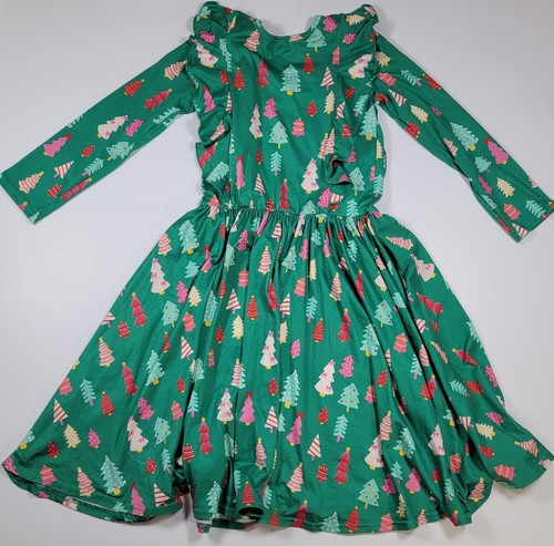 Dot Dot Smile Dress 12/14 Christmas Trees Long Sleeve Ruffle Twirl Dress - Picture 2 of 4