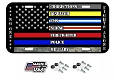 No One Fights Alone Thin Blue Red Police Vehicle License Plate Firefighter USA