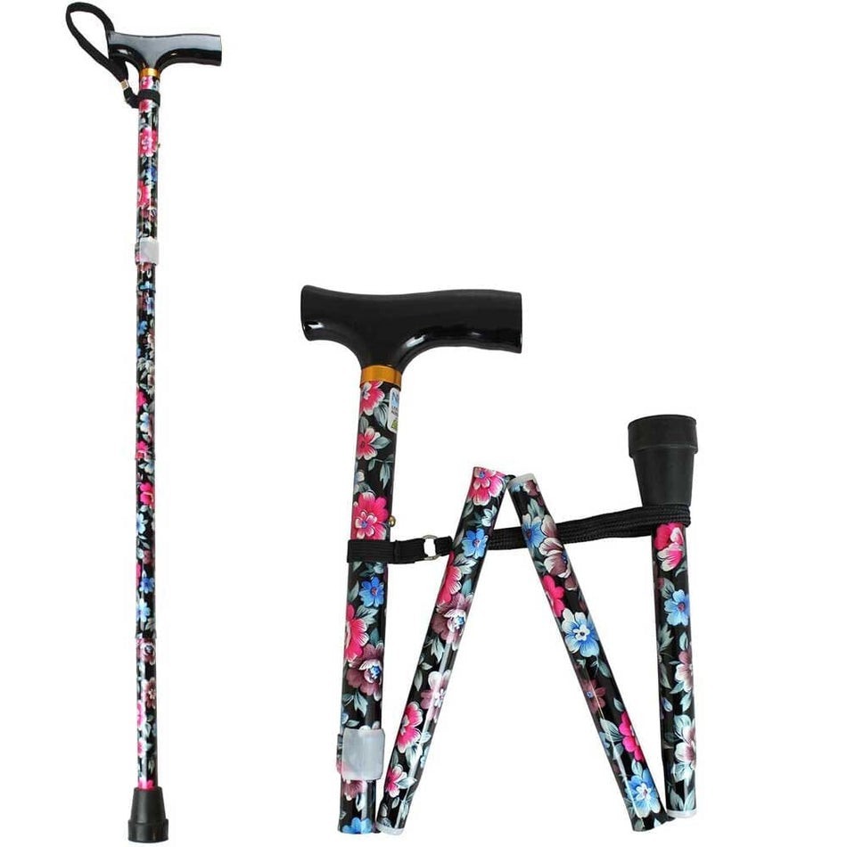 NRS Folding Walking Stick Black Floral Design Wooden Handle Lightweight Durable