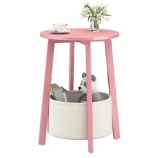 Small Round Side End Table with Cloth Storage Basket, Round Bedside Sofa Couc...