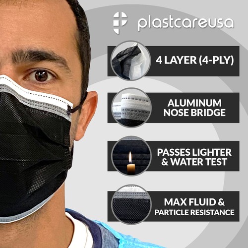 50 4-Ply ASTM Level 3 Black White Stripe Surgical Medical Masks by PlastCare USA - Picture 2 of 8