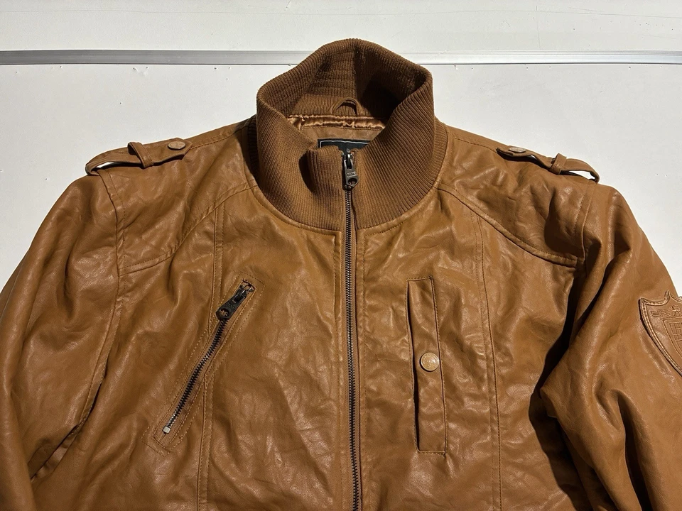Coogi Faux Leather Bomber Jacket XL Brown Moto Zip Pockets Hip Hop Streetwear - Image 3 of 4