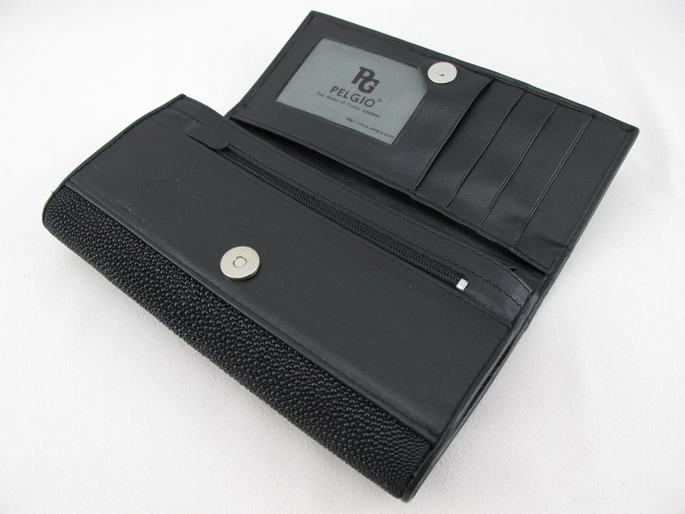 Cartera sin asas de cuero genuino con piel de raya para mujer (negra) Foto 3 de 4