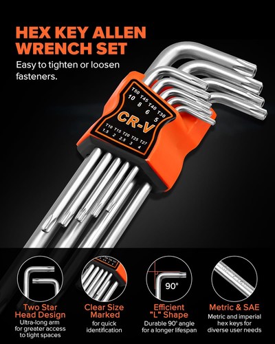 27pcs Allen Wrench Set - Long Arm SAE & Metric Torx Star Ball End Hex Key Set - Picture 4 of 7