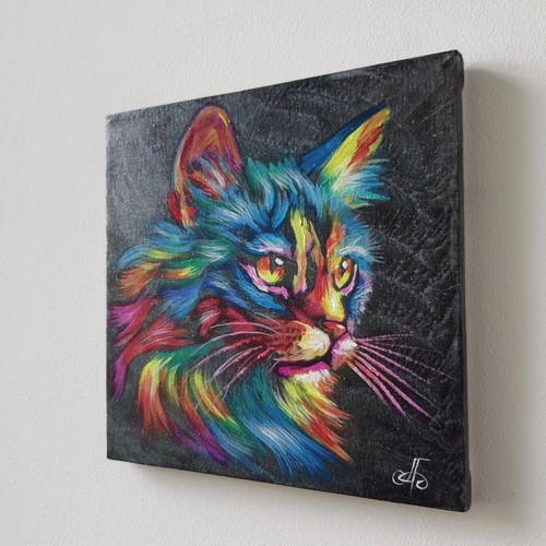 Original Vibrant Cat Portrait Acrylic Painting Canvas Colorful Animal Wall Art - Picture 24 of 24