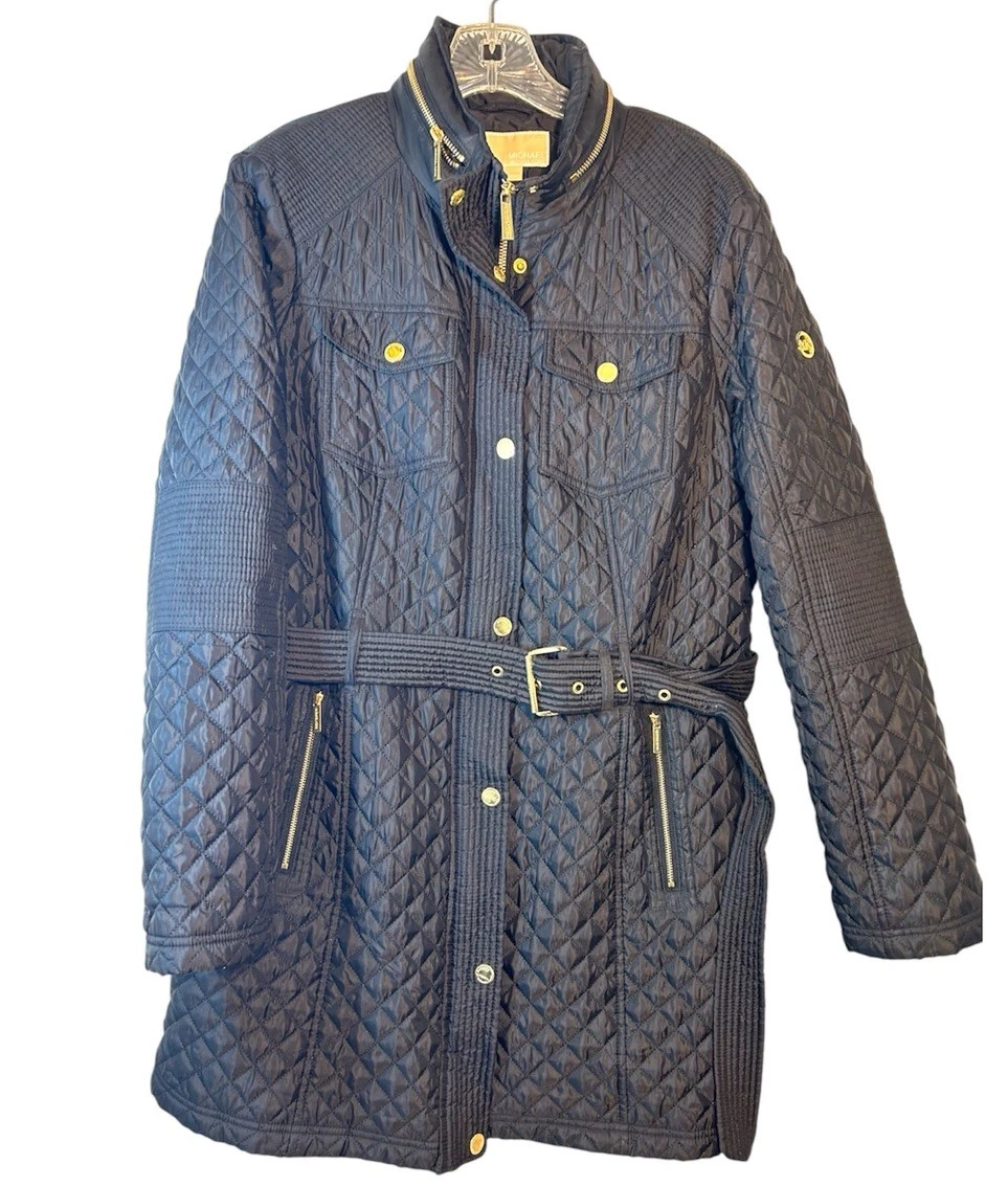 Michael Kors trench donna trapuntato nero grande oro cintura giacca con cappuccio