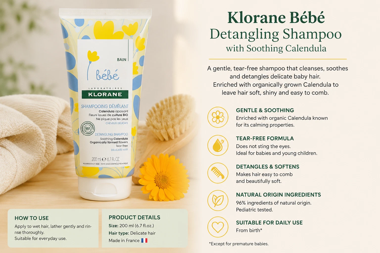 Klorane Bébé Detangling Shampoo with Soothing Calendula – 200 ml
